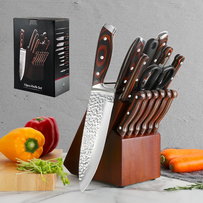 Hammered mirror chef knives with Block Premier 15Pcs Kitchen Knives Set Rosewood Handle Kitchen Knife Set