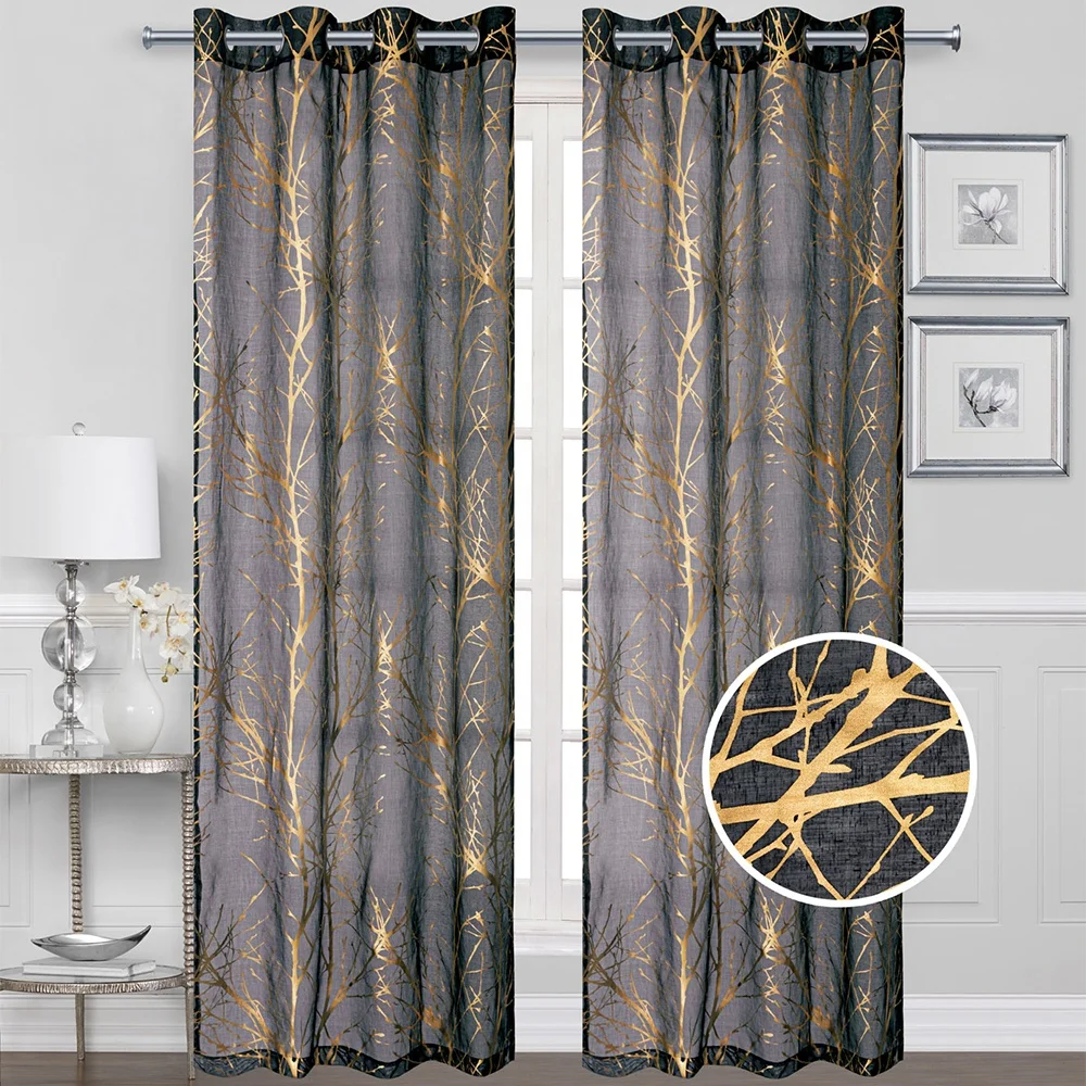Window curtain manufacturer Metallic  Foil Tree Print sheer Curtains ring top for Living Room