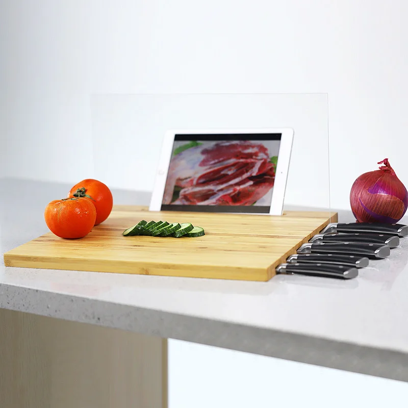 Multifunctional 3 in 1 IPad holder cut board knives holder bamboo wood chopping board with tray