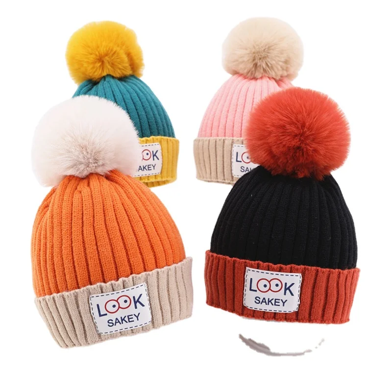 Customization winter baby girl kids hats knitted beanie warm hats and caps custom with faux fur pom