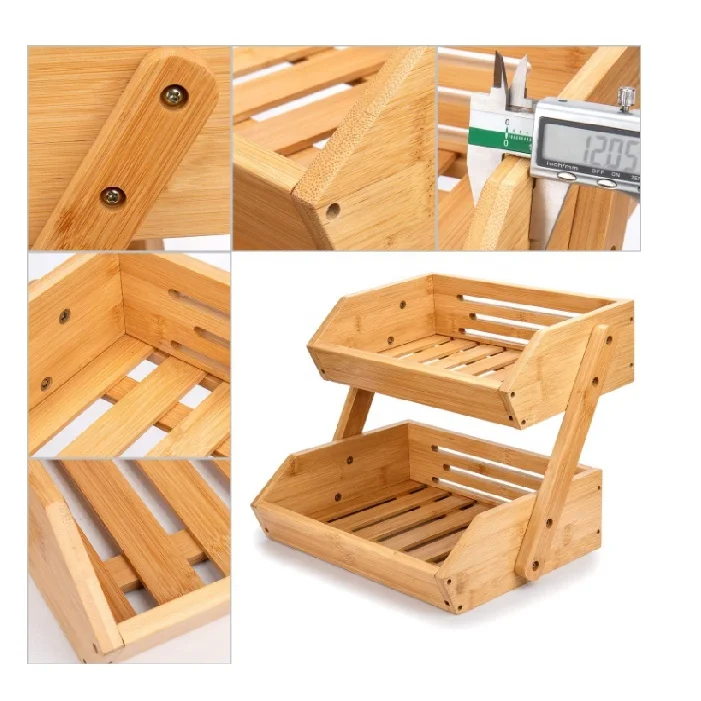 Vegetable Storage Stand for Fruit Shop Kitchen Counter 2-Tier Fruit Bowl Bamboo Fruit Basket