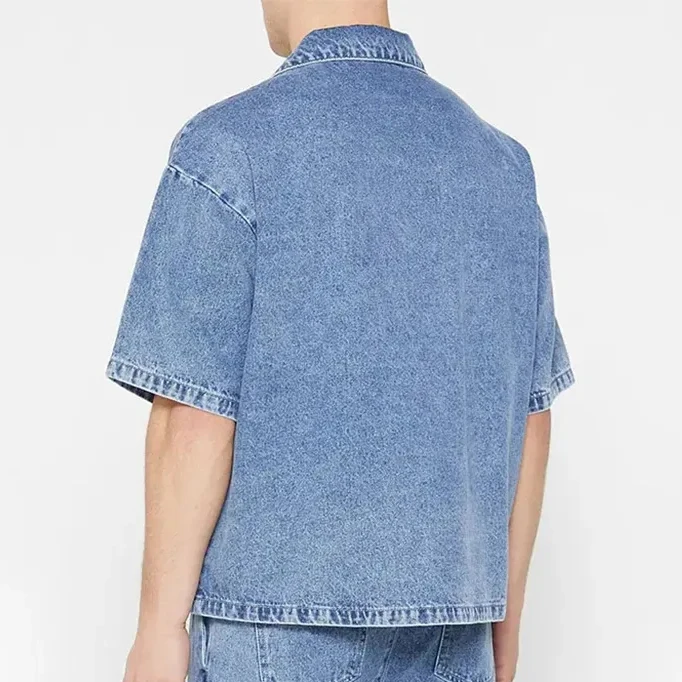 Custom Drop Shoulder Chest Pocket Short Sleeve Button Up Camp Collar 100% Cotton Washed Cropped Jean Denim Shirt For Men