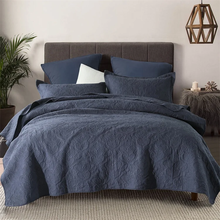 European Blue Reversible Queen King 3 Pieces Cotton Bedspread Patchwork Quilt Sets with 2 Pillowcases - Cotton,