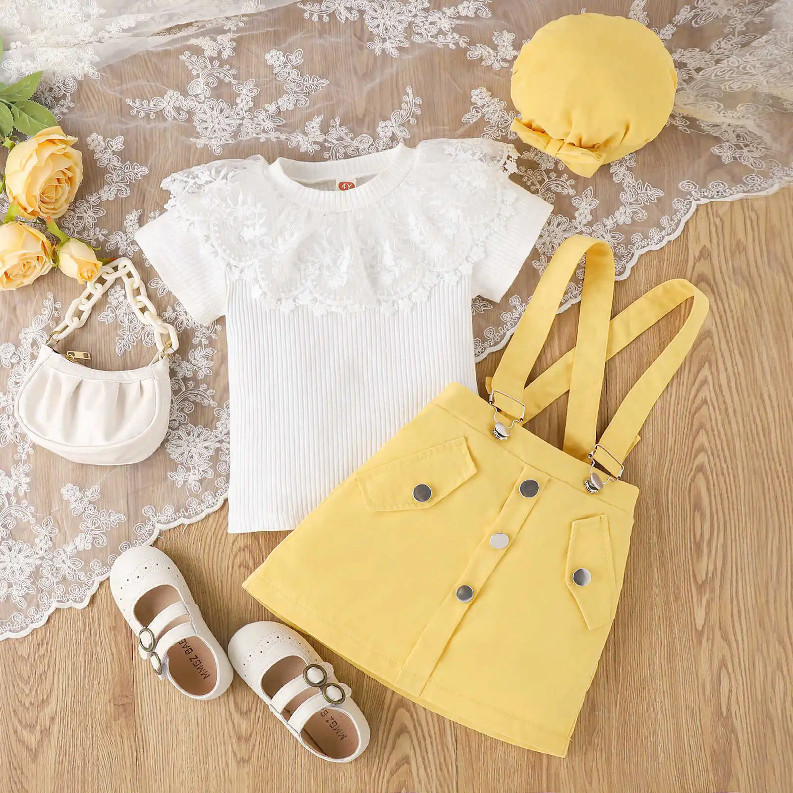 Summer Casual Children Clothes Girls Outfit Set Lace Short Sleeve T Shirt Suspender Skirt Hat 3Pcs Kids Fashion Clothing