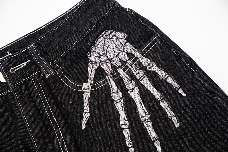 Custom Black Skeleton Embroidered Baggy Jeans Man Loose Wide Leg Fashion Casual Denim Straight Fit Jeans Men