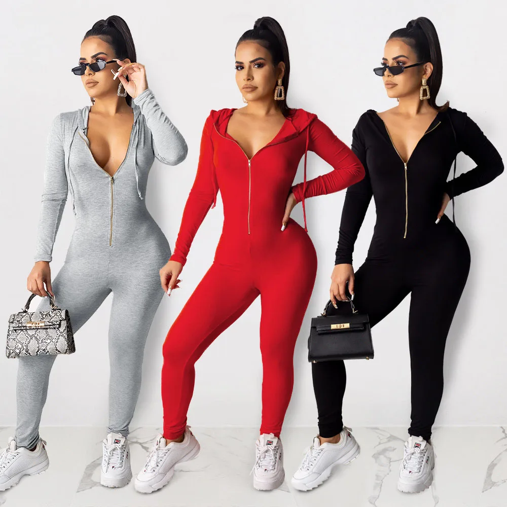 202002046285-New Arrive Spring Women Bodysuit Playsuits Casual Fashion Zipper Hoodie Long Sleeve Jumpsuit For Women