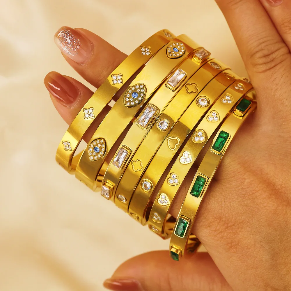 Luxury New Design Zircon Non Tarnish 18k Gold Plated Stainless Steel Cuff Waterproof Fashion Jewelry Bracelets Bangle