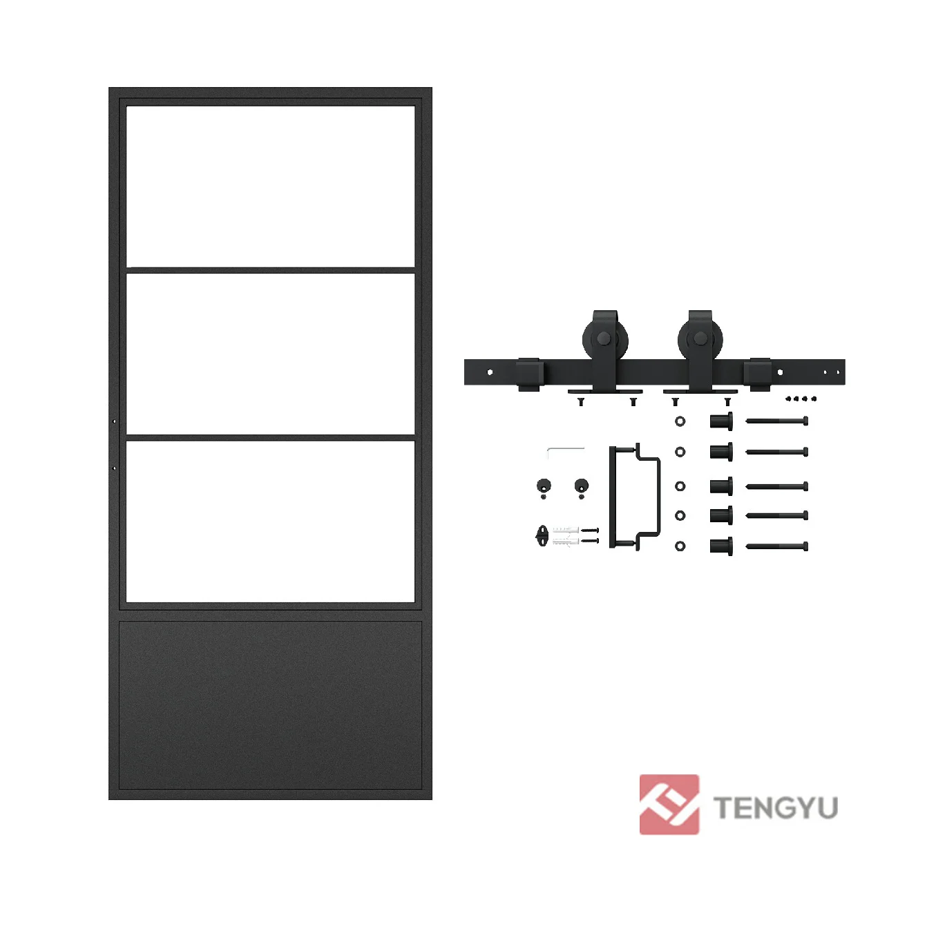 Tengyu Interior Steel Frame Glass Door with Barn Door Hardware, Interior Sliding Door with Kickplate