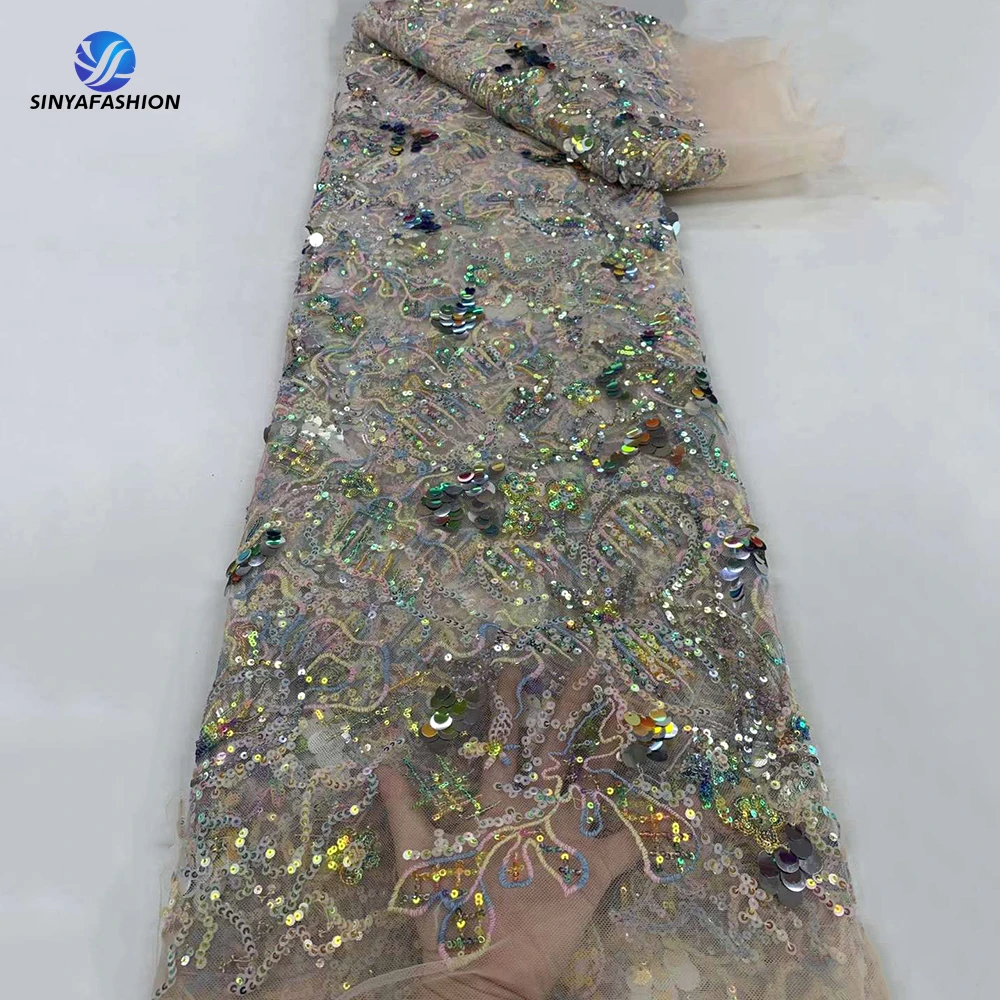 Sinya French Mesh Lace Fabric Embroidery Sequins Net Lace Large Shinning Glitter Fabric Luxury Dresses Women Elegant