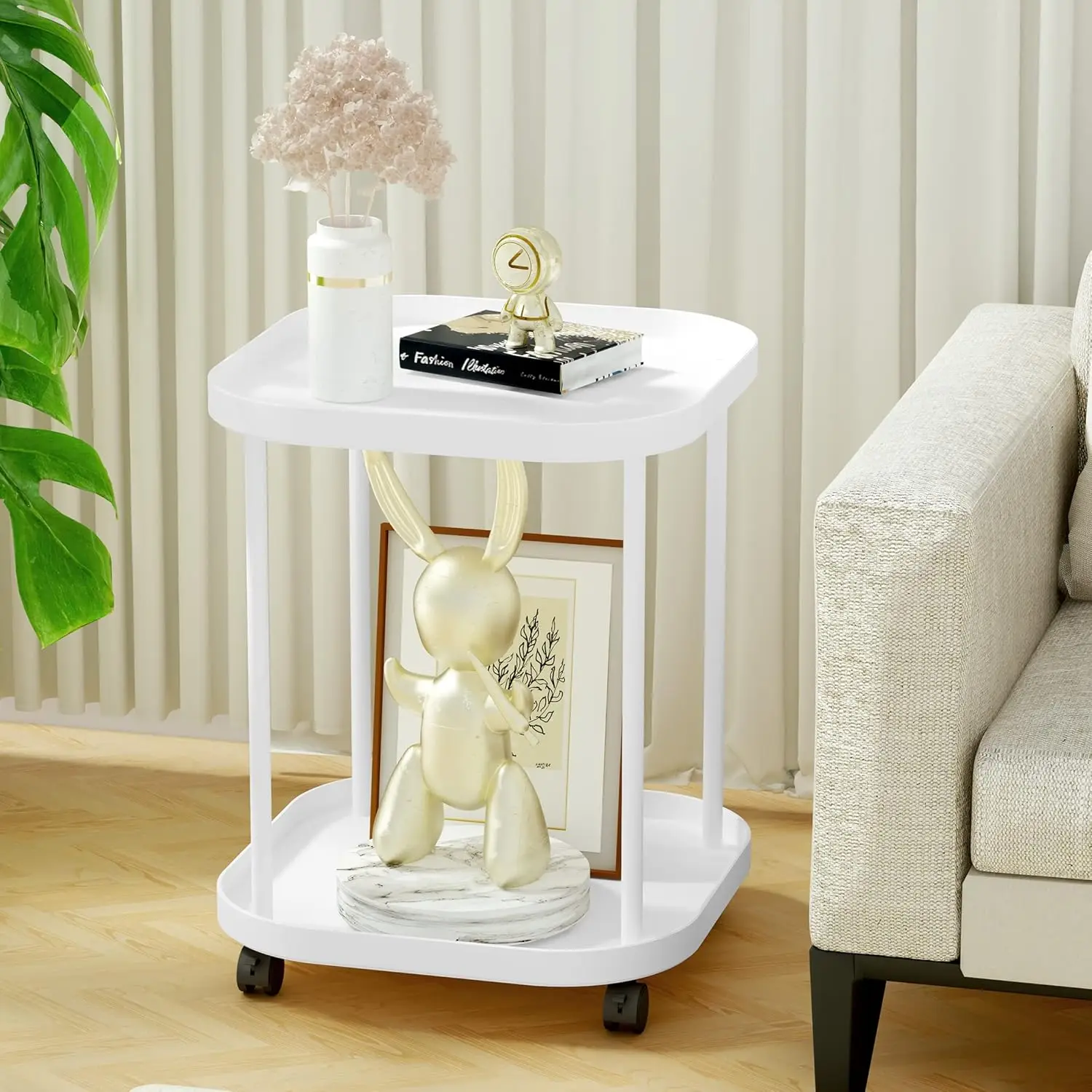 Various color Small Coffee Table 2 Tier Bed Side Table With rotating Wheels, Double Layer Mobile Shelf Storage Tray Outdoor Home