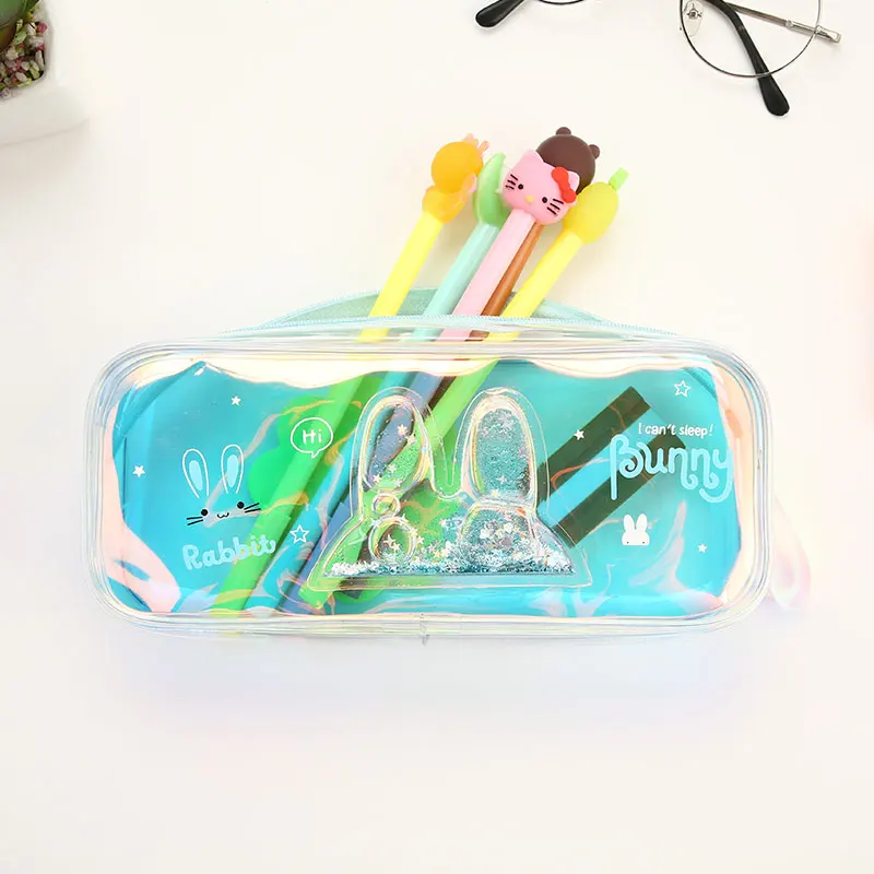 TOPSTHINK Laser clear pencil bag transparent quicksand cute rabbit PVC school pencil case zipper