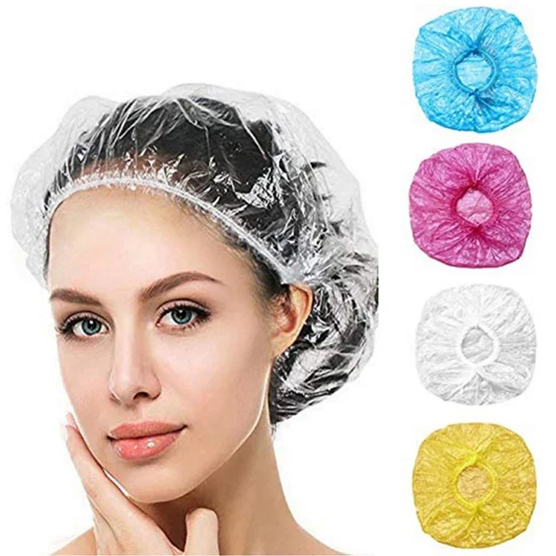 100pcs Disposable Shower Caps Bathing Bathing Waterproof Adult Hair Drying Caps Dustproof Plastic Head Covers for Men and Women