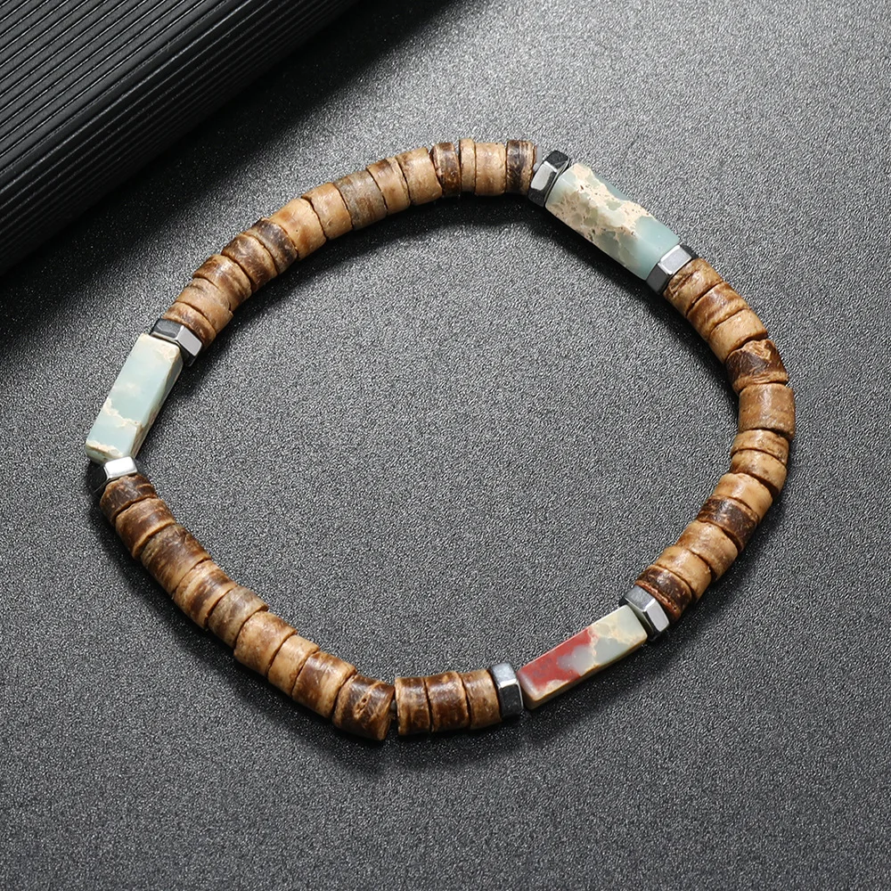 2024 bohemian summer beach style 10 different natural square stone beads brown coconut shell bracelet for men and women