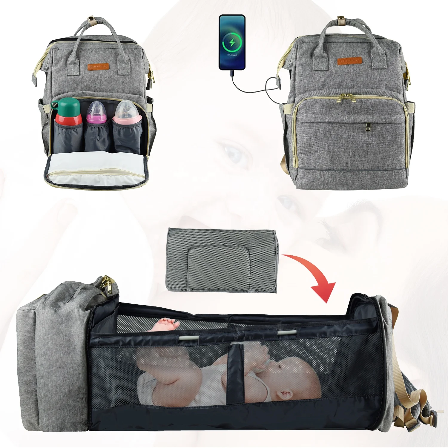 Large Space Waterproof Foldable Baby Diapers Bag Backpack Bed Mother Baby Bags Mummy Travel Baby Bed