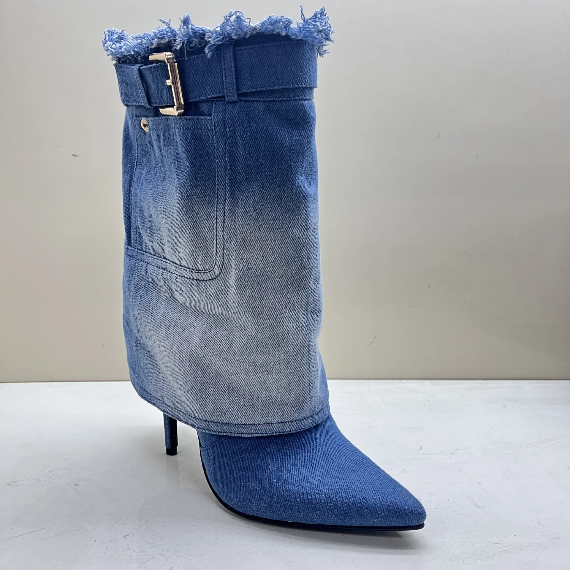 2023 sexy high heel short plus size 43 ankle women blue boots denim 3