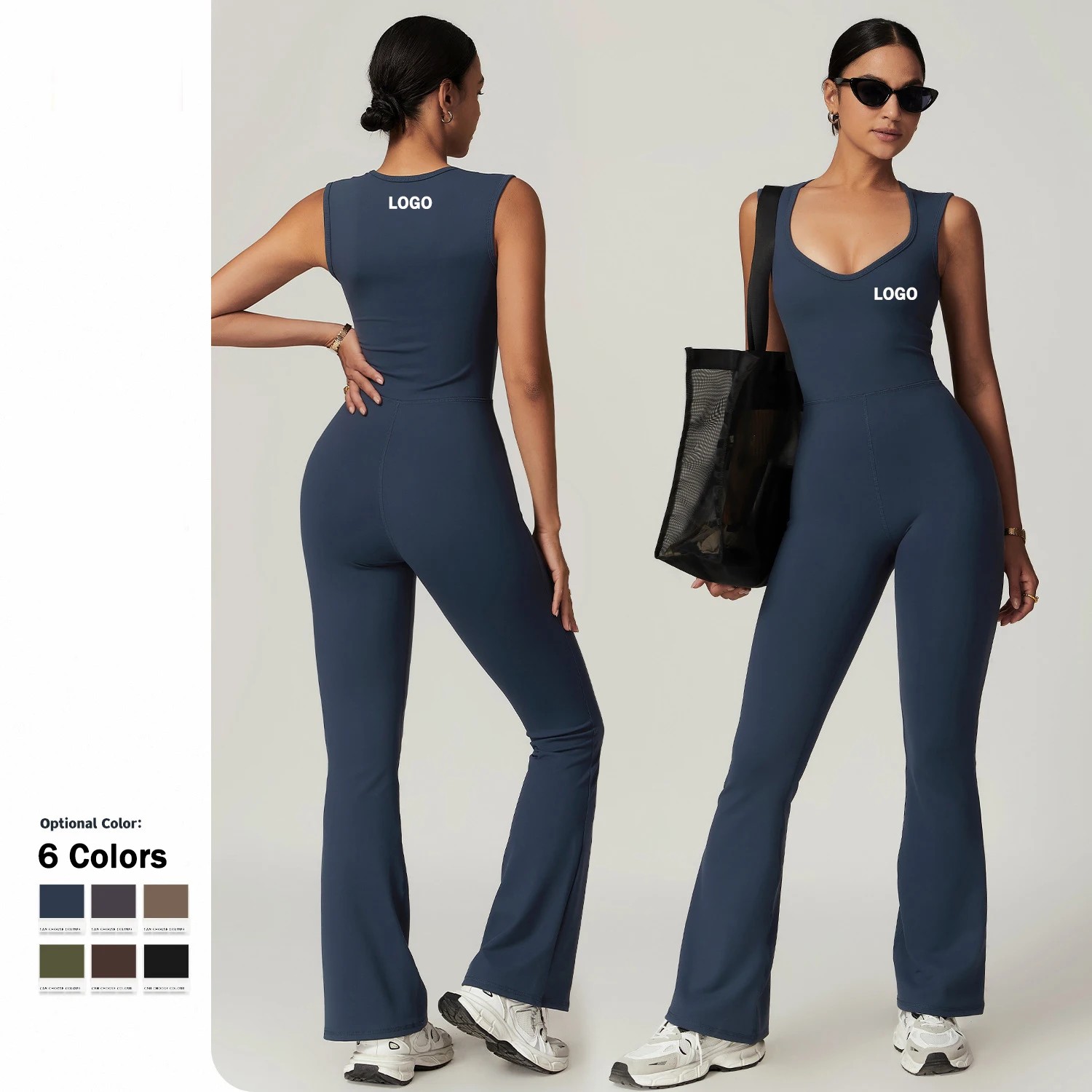 2024 женские боди без рукавов с V-образным вырезом, лидер продаж, одежда для йоги, фитнеса, комбинезон, цельный комплект с разрезом, расклешенные леггинсы