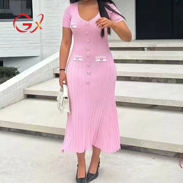 GX24070 Boutique 2024 sexy bodycon long knitted dresses summer clothes women tight casual elegant short sleeve V-neck maxi dress