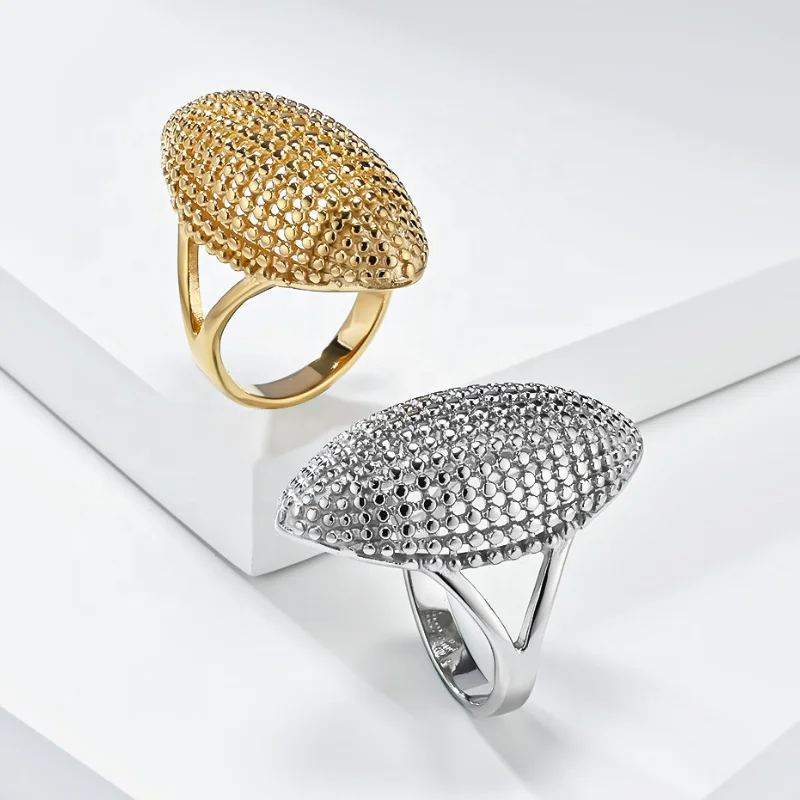 Sport Stylish Exaggerated Rugby Stainless Steel Plated 18k Gold Spindle Type Finger Ring Hollow Out Beaded Ring For Women Men