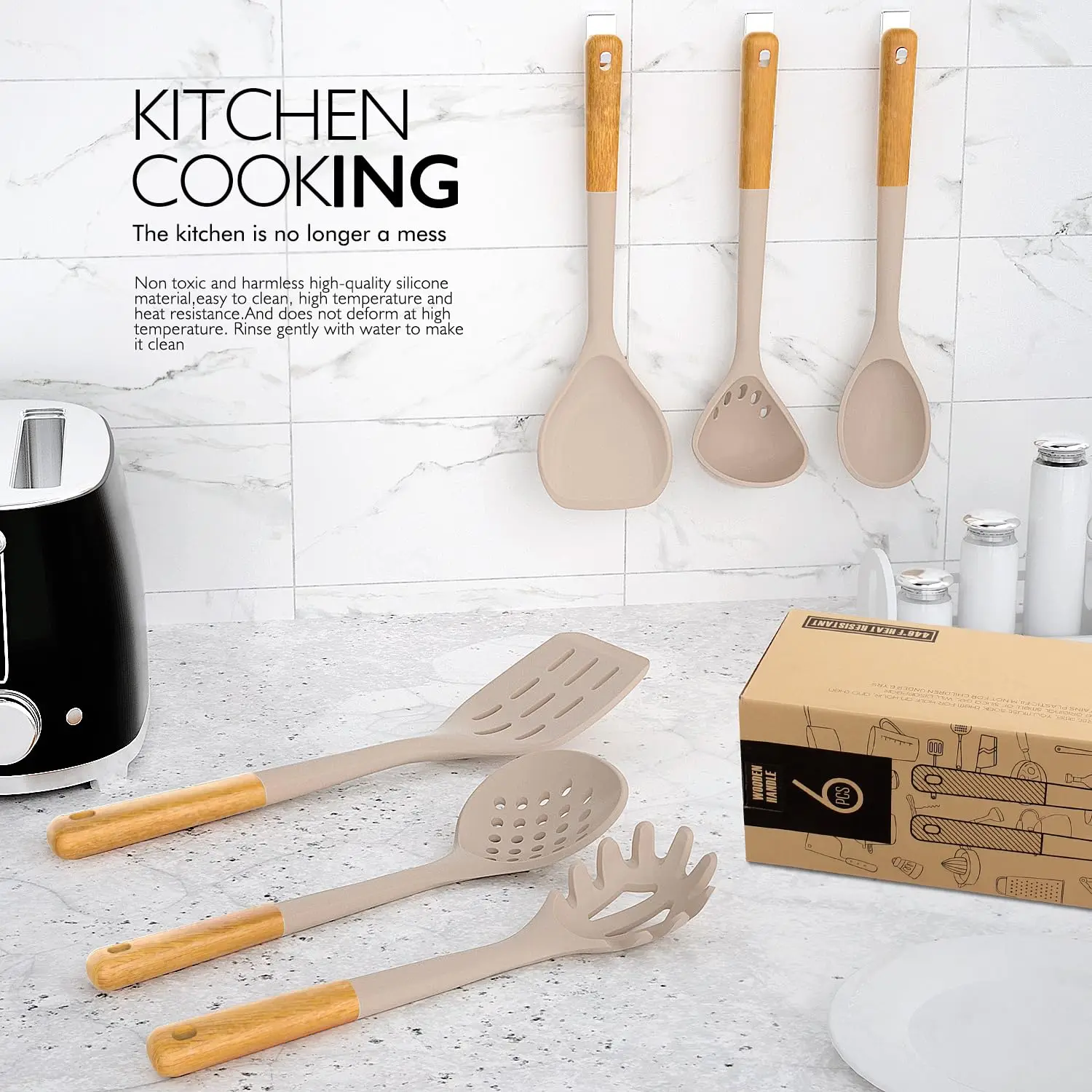 TS Wholesale Custom BPA Free Silicone Cooking Utensils Set Non Stick Heat Resistant Kitchen Cooking Set with Wooden Handles