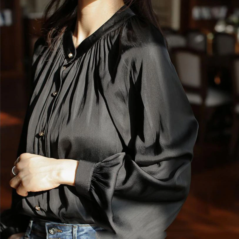 Spring 2021 Boutique White Blouse Retro Court Style Satin Blouses Women Long Sleeve Shirt Top For Women