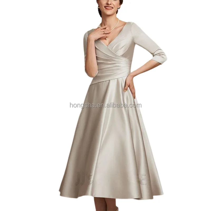 Half Sleeve Satin A Line Wedding Dress Women V Neck Bridal Satin Fabric Wedding Dress Ruffle Front Elegant Satin Wedding Dresses