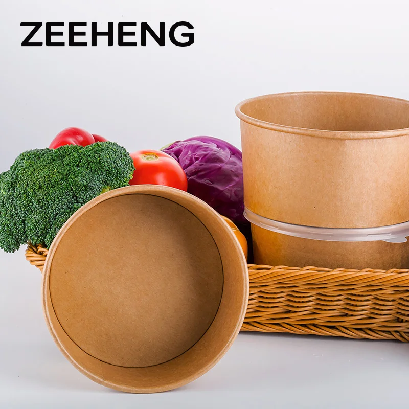 High quality food grade wholesale disposable kraft paper bowl with plastic lid