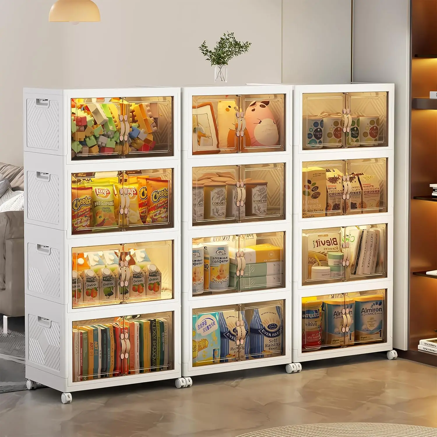 Stackable Storage Containers Boxes Folding Closet Clothes Organizer 4 Tier Collapsible Plastic Storage Bins with Lid & Wheels