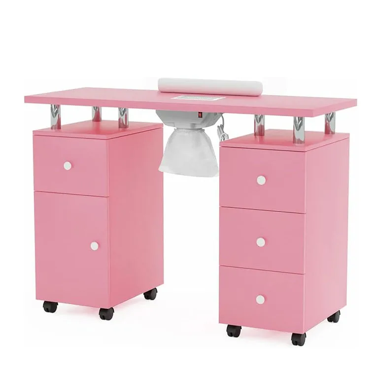 pink Manicure Table with Drawers, Storage Shelves Beauty Nail Desk with Glass