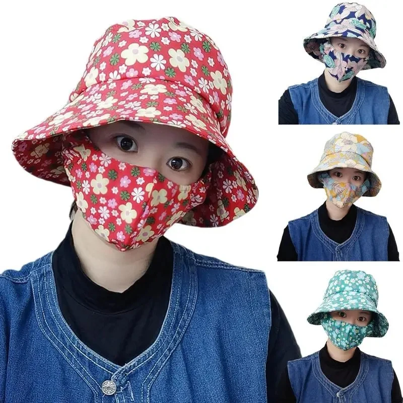 Spring Summer Outdoor Sunscreen Breathable Flower Print Cap For Women Girl Sun Protection Fisherman Hats Bucket Hat With Mask