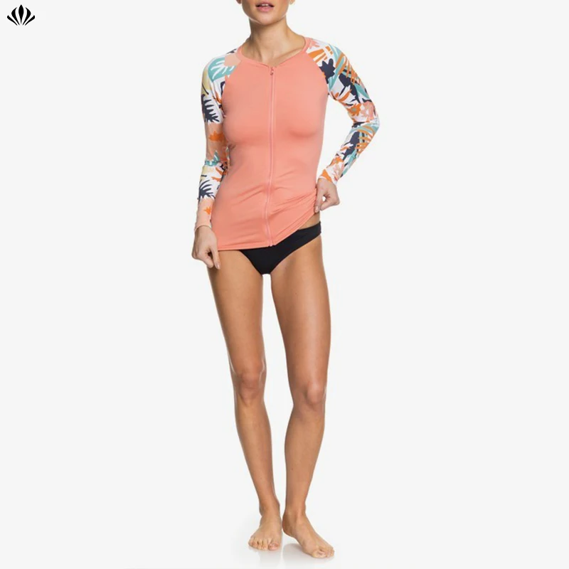 Top Women Wetsuits Long Sleeve Zip Up Slim Fit Diving Surf Jacket UPF 50 Printed Stretch Rashguard