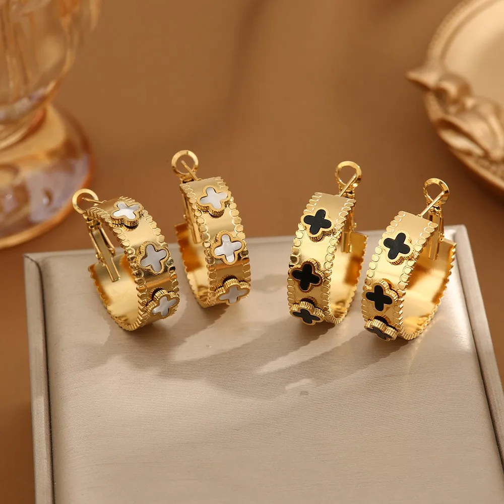 Luxury Black White Shell Clover Hoop Earrings 18K Gold Plated Stainless Steel Clover Earrings For Women Jewelry