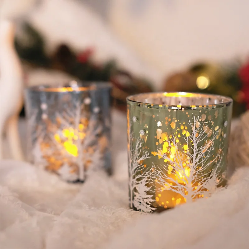 Christmas Glass Candle Holder with White Christmas Tree Pattern Home Decoration for Indoor Christmas Decor