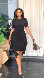 J&H 2022 summer short sleeve career dresses ladies elegance bodycon ruched dress with side fringe causal dress chics for women