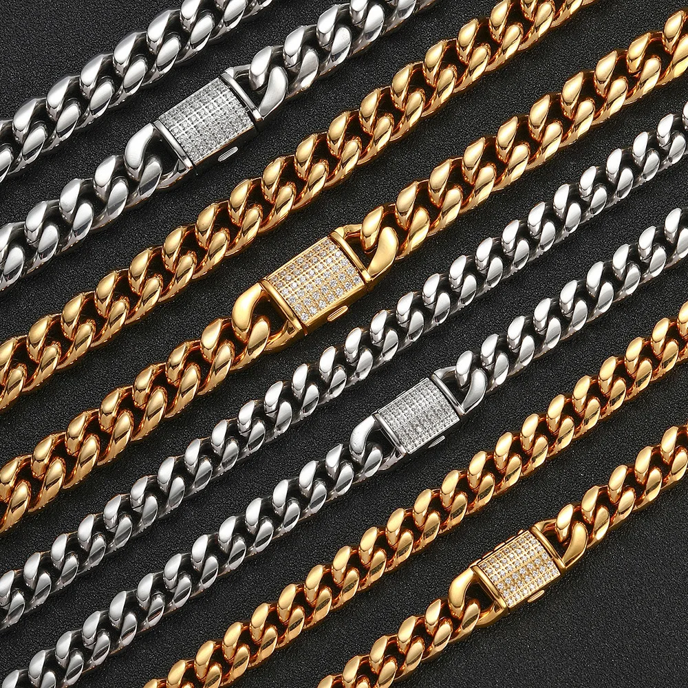 Hip Hop Thick Encryption Cuban Necklace Gold Plated Full Diamond Buckle Miami Cuban Chain Jewelry For Men
