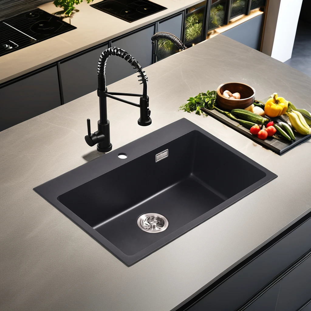 NUOMI Layden Series Black Modern Single Bowl Kitchen Handmade Multifunctional Granite Mounting Bracket Drainer One-Hole Kitchen