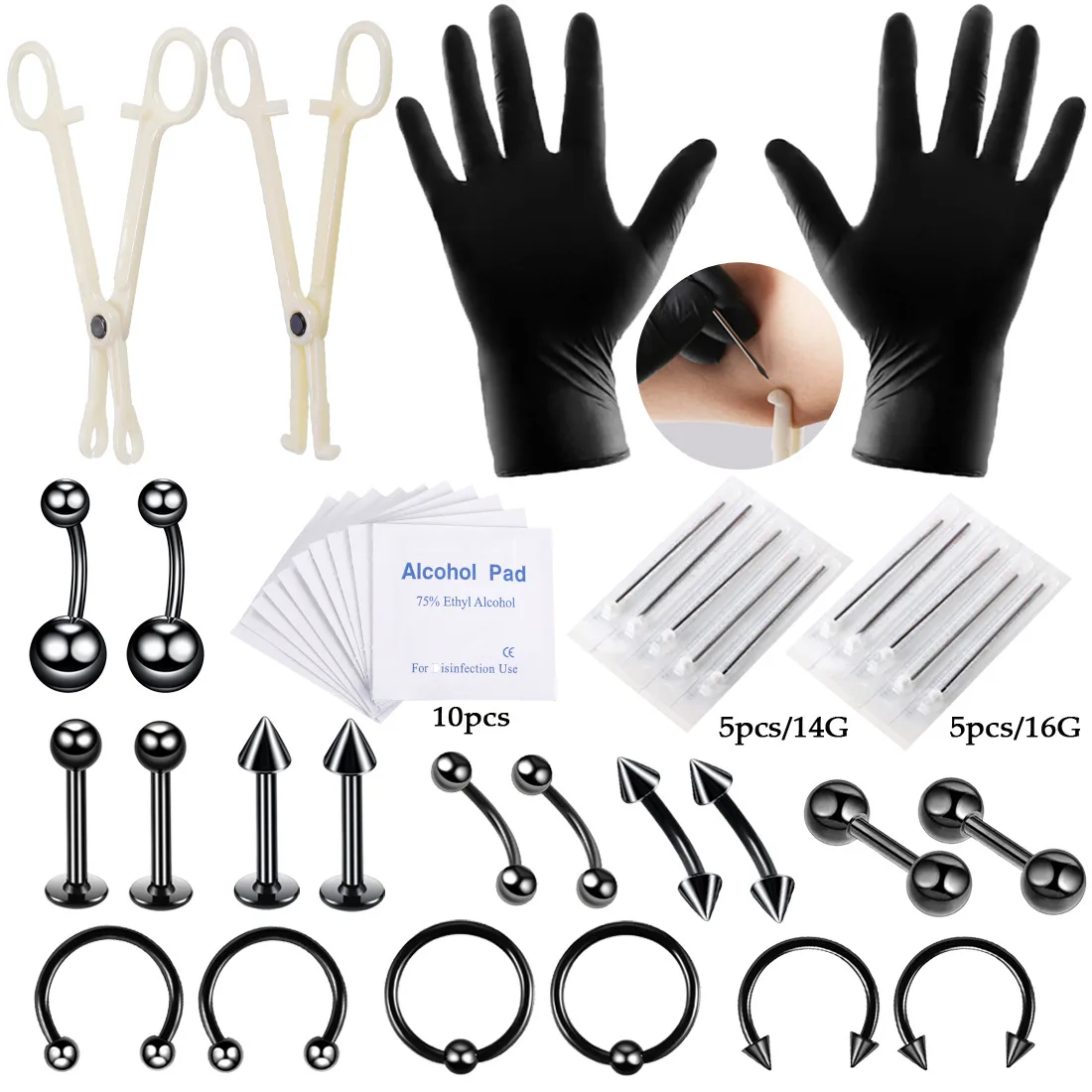 42pcs/Set Tongue Eyebrow Nose Belly Button Rings Clamp Needles Tool Kit Ear Plug Prong Studs Body Piercing Jewelry