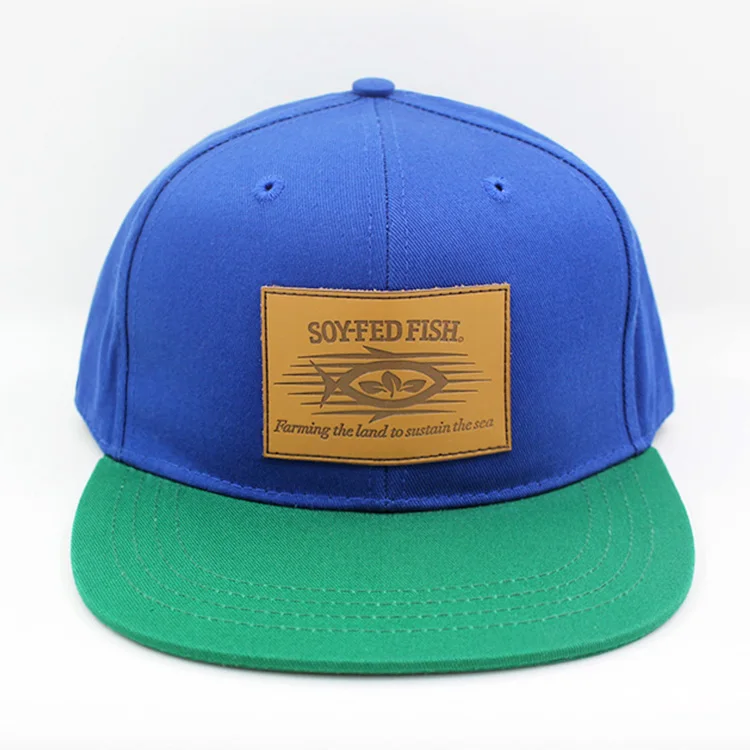 Good quality flat brim hat leather patch cotton material custom snapback cap