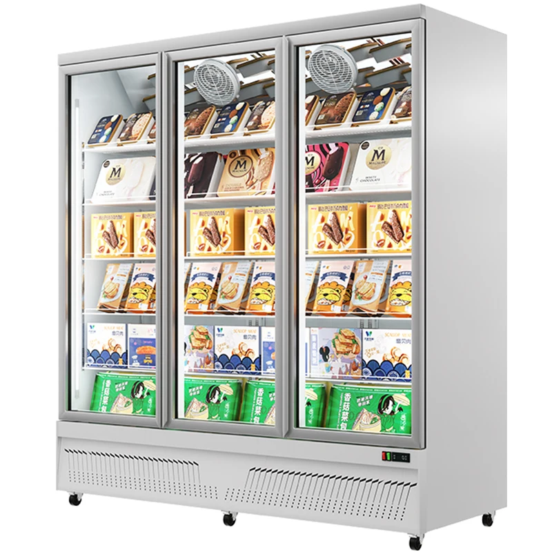 LD1880D Low Maintenance Fast Cooling Fridge Black White Color 1500L Three Door Display Freezer For Commercial Kitchens