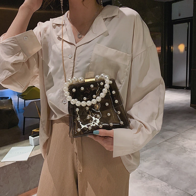 
Fashion Women Shoulder Bags Summer PVC Clear Handbags Transparent Evening Clutch Crossbody Jelly Bag Pearls Handle Beach Totes 