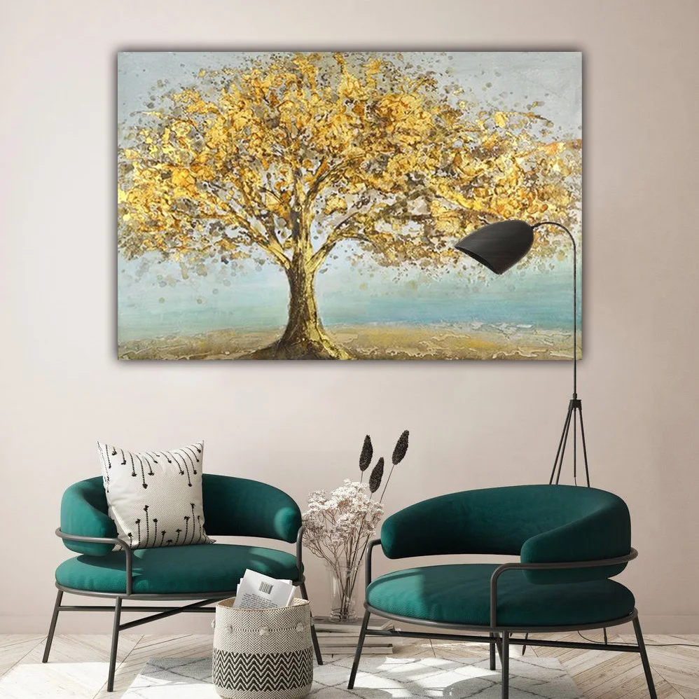 Hand painted abstract oil painting gold tree hanging painting modern gold leaf decorative painting