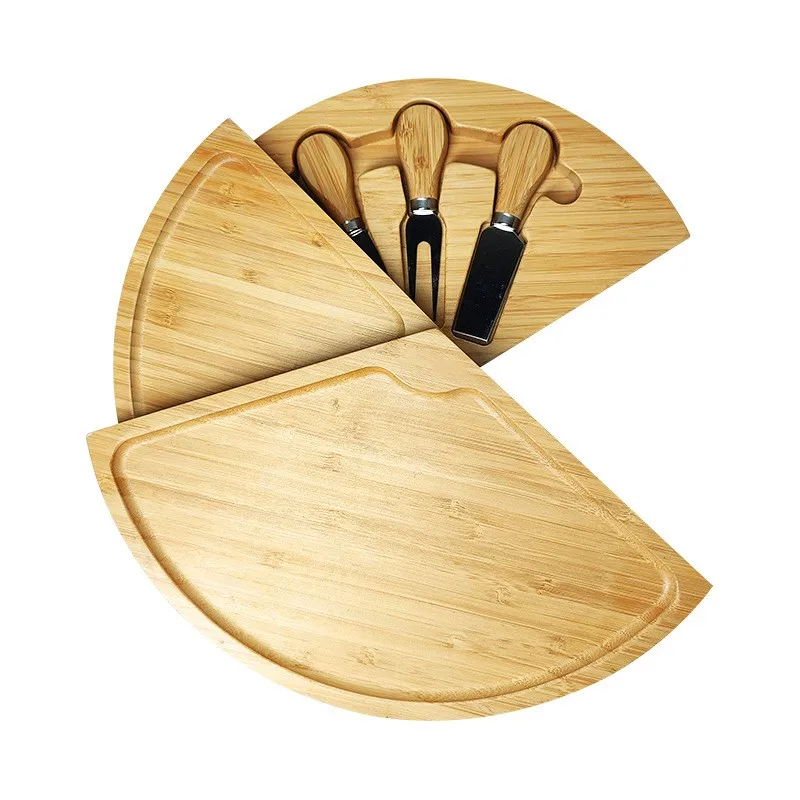 Folding Round Wood Rotating Charcuterie Boards Cheese Board Slate Serving Tray Including Stainless Steel Knife