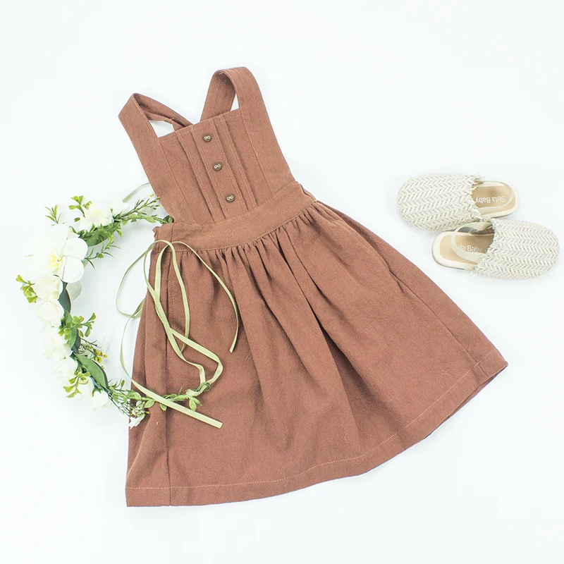 2023 Wholesale Baby solid color linen dress girl backless suspender skirt baby girls dresses