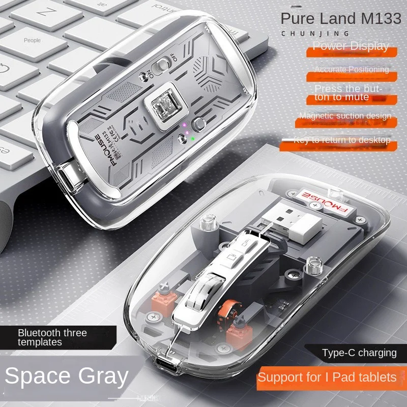 Wireless Gaming Mouse Full Transparent Double Mode 2.4G BT Ergonomic Silent Rechargeable PC Mac Computer Mice