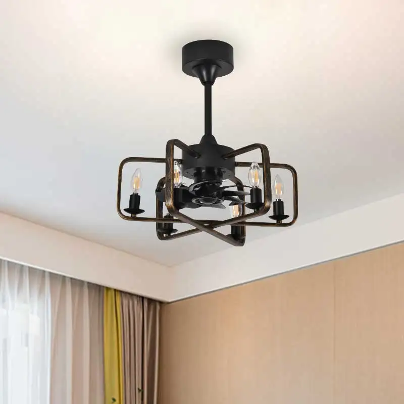 Caged Ceiling Fans Farmhouse 18 Inch Flush Mount Vintage Bladeless Rustic Chandeliers Fan Remote Bedroom Ceiling Fan with Light
