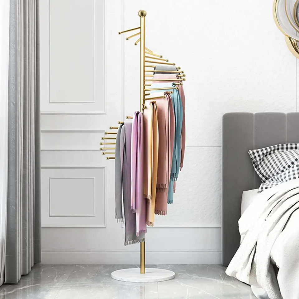 Wholesale Multifunctional round Shelf Creative Scarf Display Rack with Golden Floor Clothing Stand Unique Display Racks