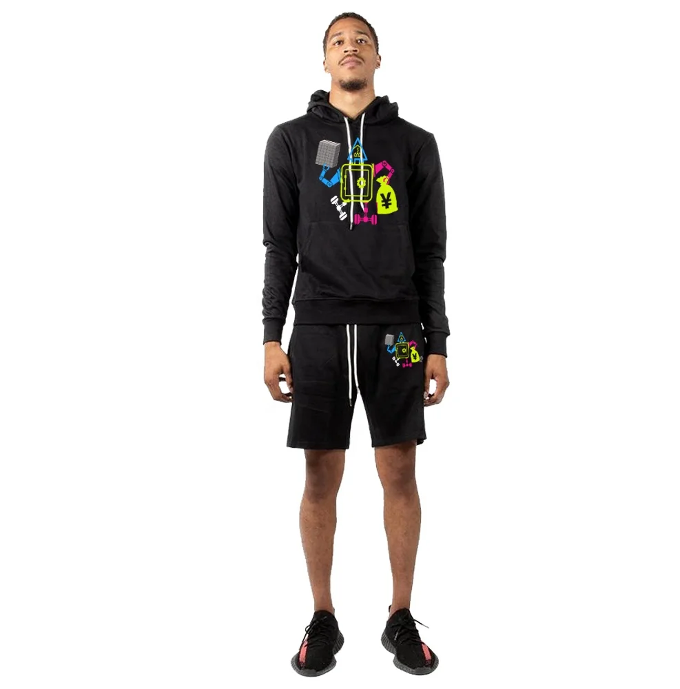 New design OEM Wholesale Summer hoodies gym Fitness mens hoodie short set  robot sweatsuit mens streetwear sets
