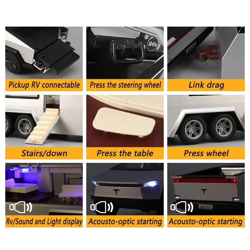 1/24 Die Cast Tesla Cyber Truck Opened Door Pull Back Pick Up Model  With Light&Sound And Alloy Motorbike Die-Cast Car Model