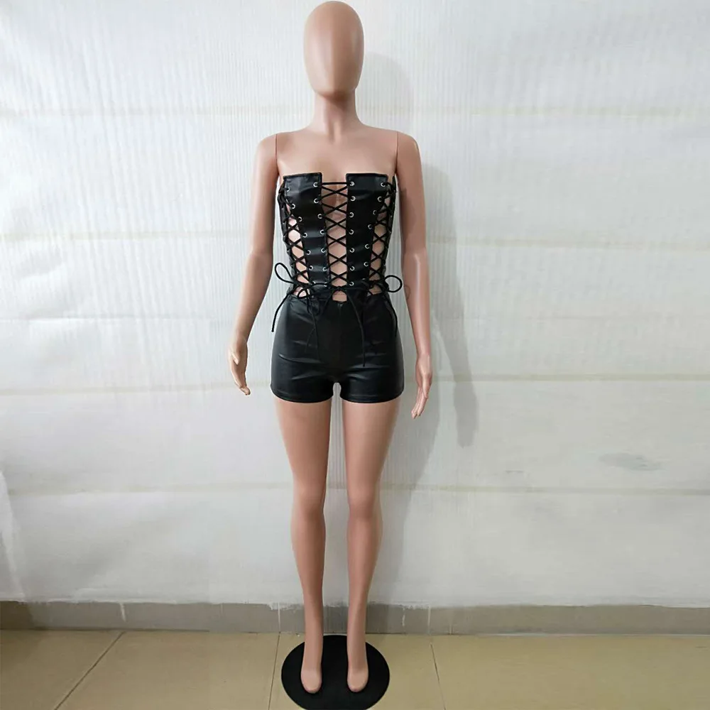 Wholesale S-XL 2024 summer hot sexy club wear strapless pu leather lace up shorts jumpsuit