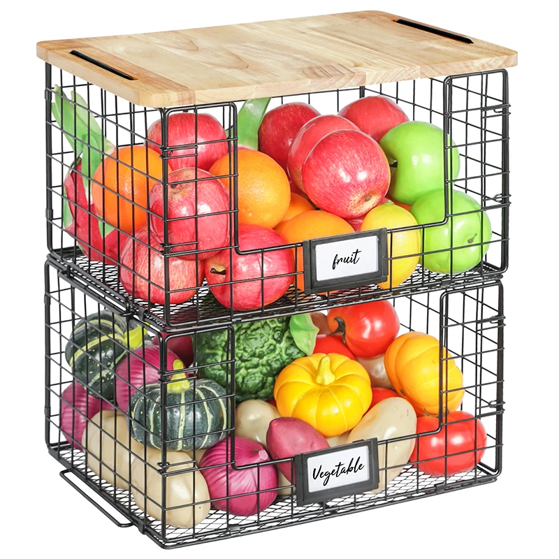 2 Tier Metal Fruit Basket Vegetable Onion Storage Organizer Kitchen Storage Baskets With Wood Lid