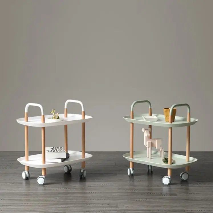 Modern chinese mobile cart sofa wood coffee table storage wheeled multifunctional side table